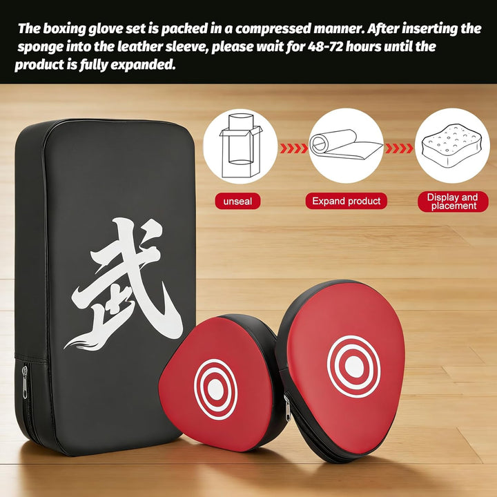 3 in 1 Handpratzen Set für Boxen & Kickboxen, 2x Box Pratzen aus PU Leder + 1x Kick Pad, Schlagpolst