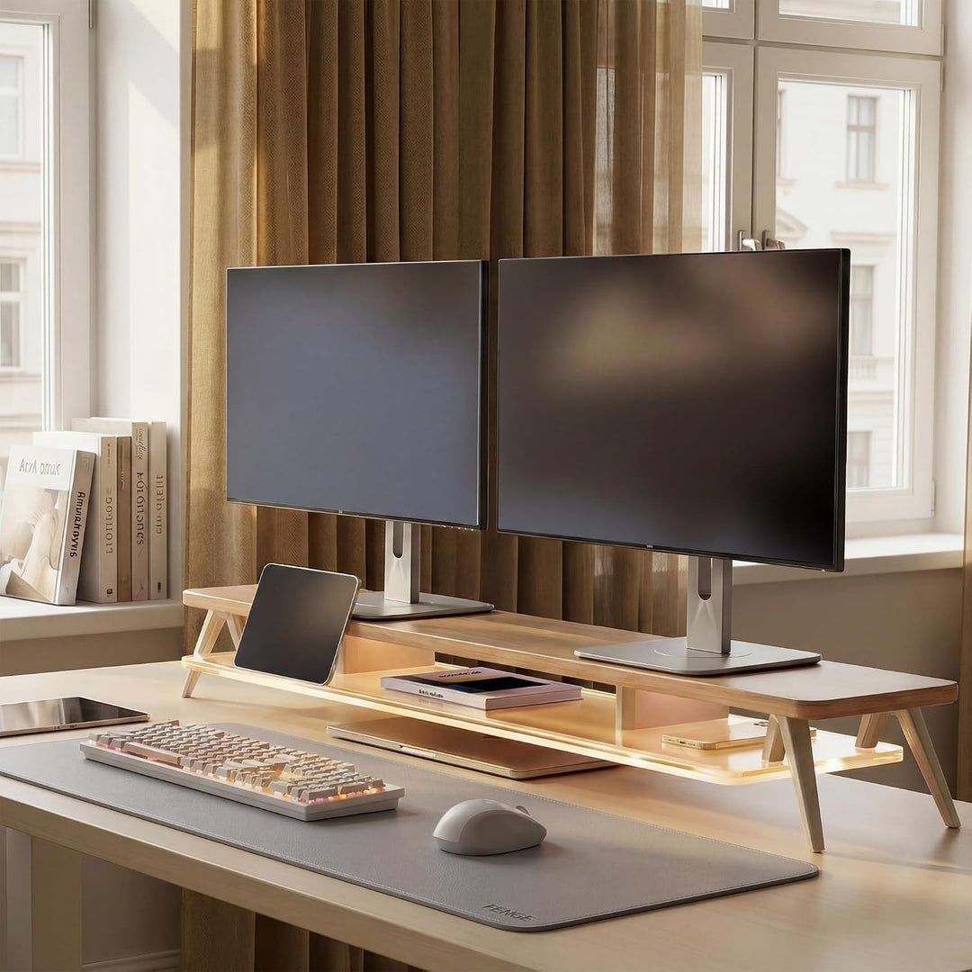 Fenge Monitorständer,108cm, LED-Beleuchtung für Laptop PC TV, Dunkle Eiche | Schaltbare Farben, 2 Ge