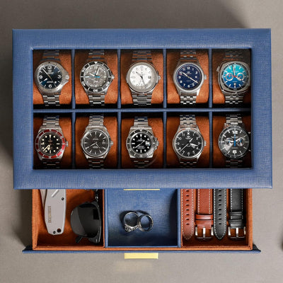 ROTHWELL Uhrenbox aus Leder, 10 Fächer, Luxus-Uhrenetui mit Schublade, abschliessbarer Schmuck-Uhren