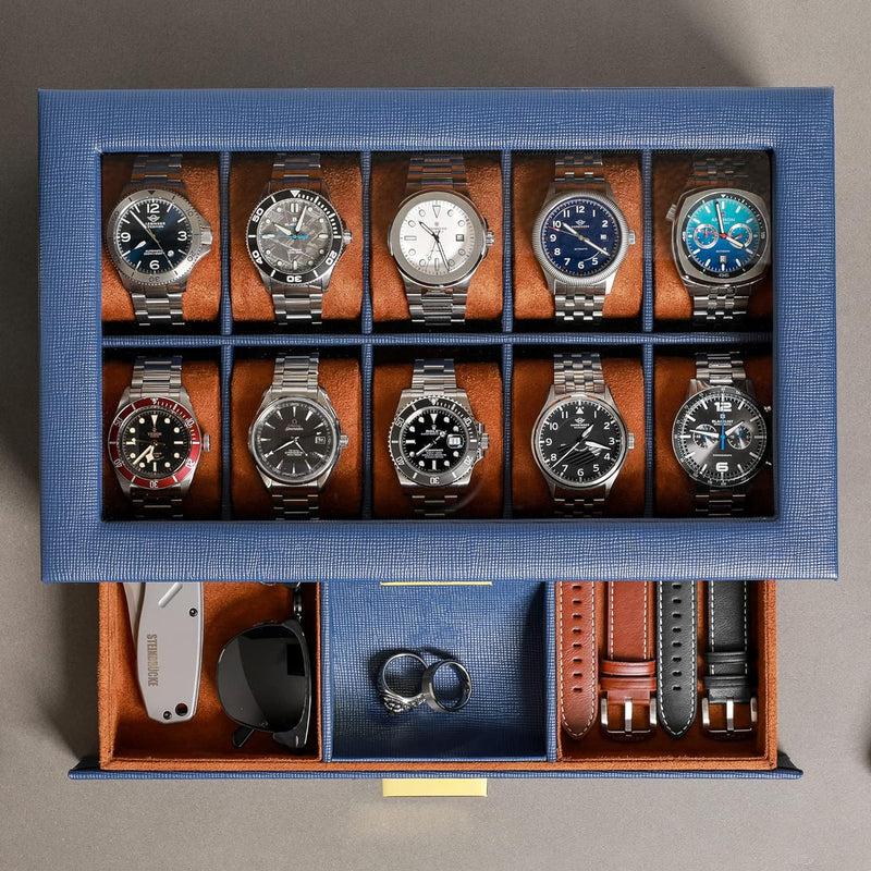 ROTHWELL Uhrenbox aus Leder, 10 Fächer, Luxus-Uhrenetui mit Schublade, abschliessbarer Schmuck-Uhren