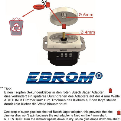 EBROM® Komplettset LED Drehdimmer 1001 + Busch Jäger PUR Edelstahl Rahmen 1721-866K + Scheibe 6540-8