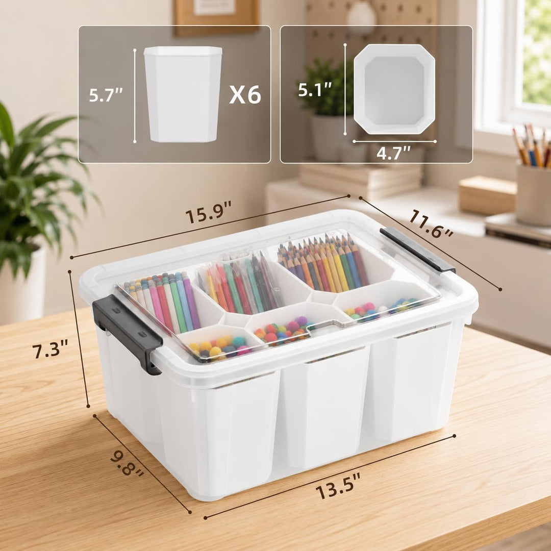 Aufbewahrungsbox mit Deckel, Transparent, Kunststoff Organizer mit 6 Fächern für Stifte und Bastelma