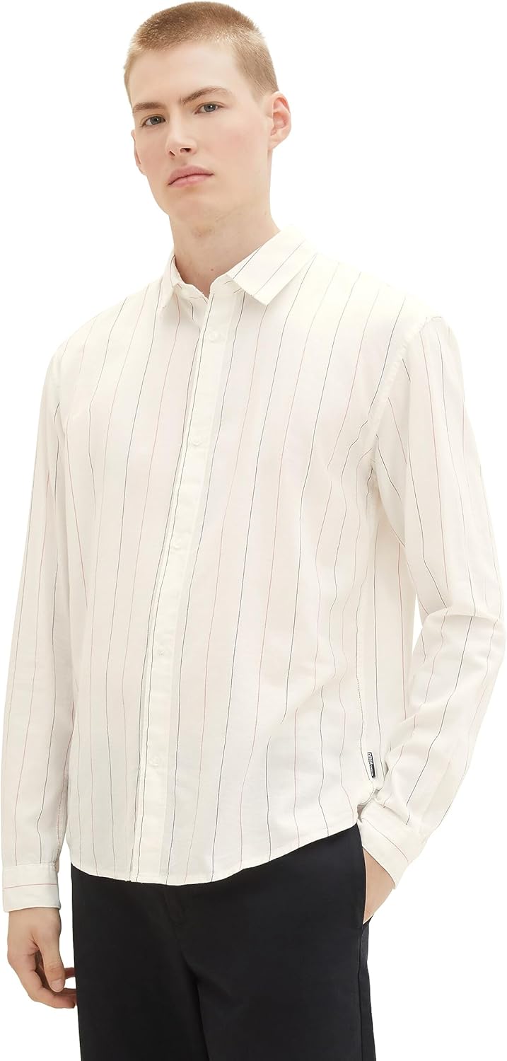 TOM TAILOR Denim Herren Hemd, M 33897 - Off White Base Big Stripe