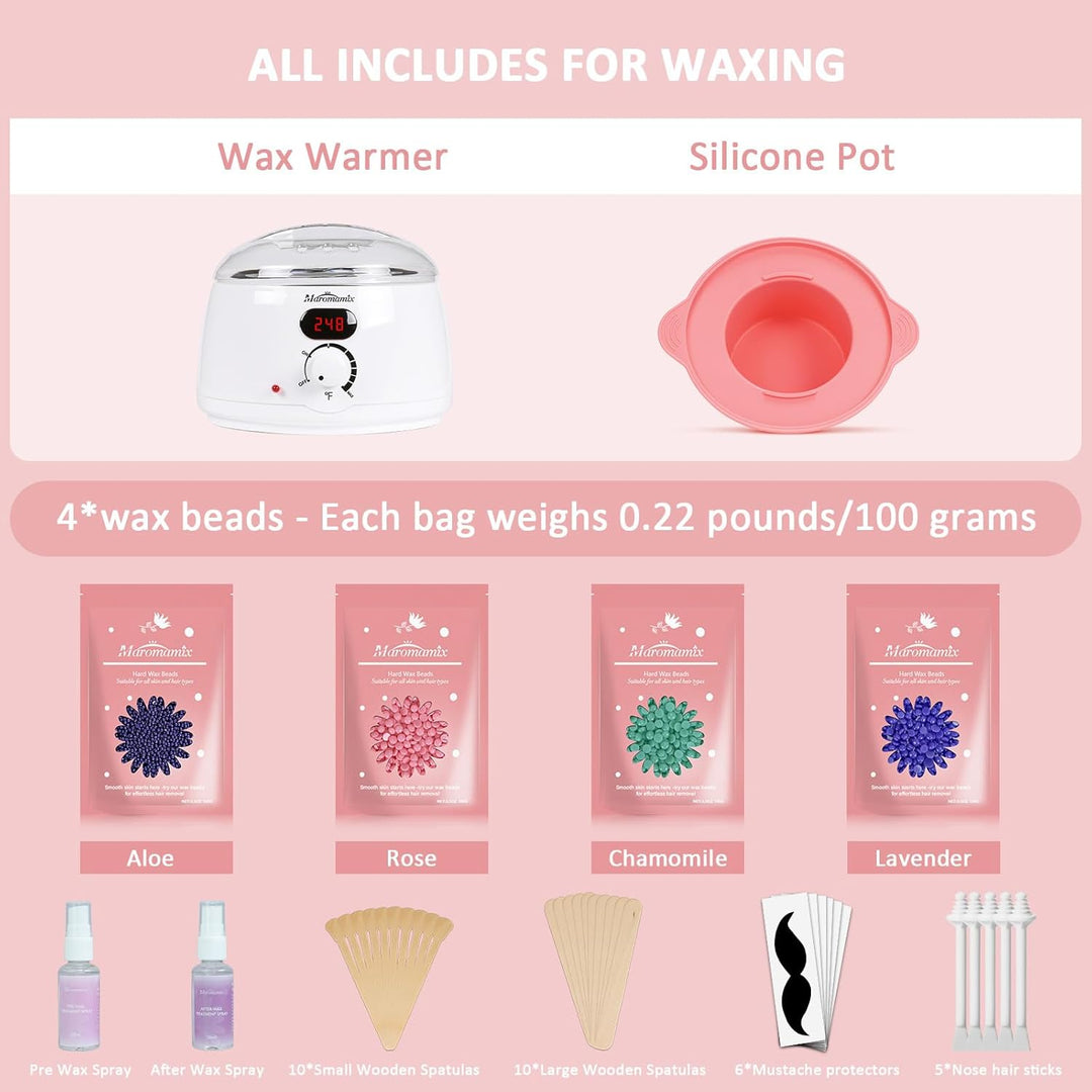 Waxing Kit - Digital Wax Warmer Machine for Hair Removal with 4 Packs of Hard Wax Beads &amp; Silicone P
