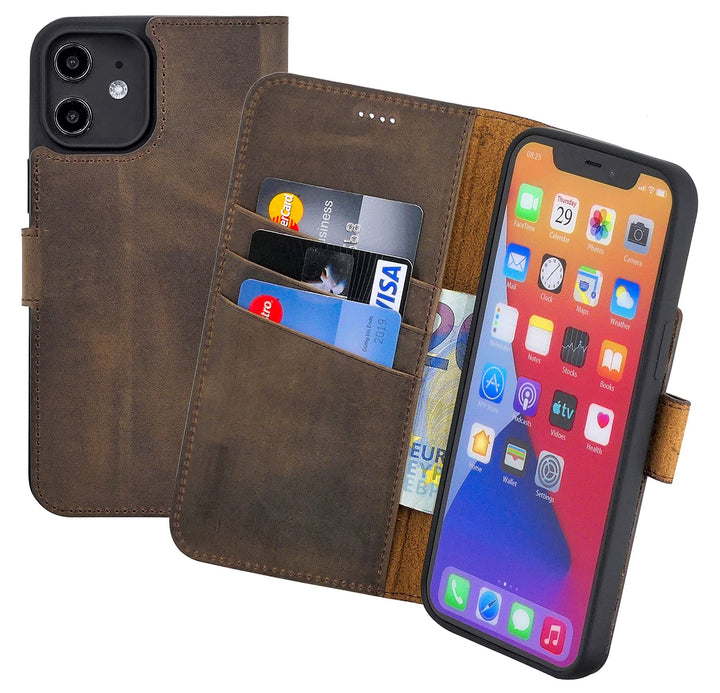 Suncase Book-Style Hülle kompatibel mit iPhone 12 Mini (5.4") Leder Tasche (Slim-Fit) Lederhülle Han