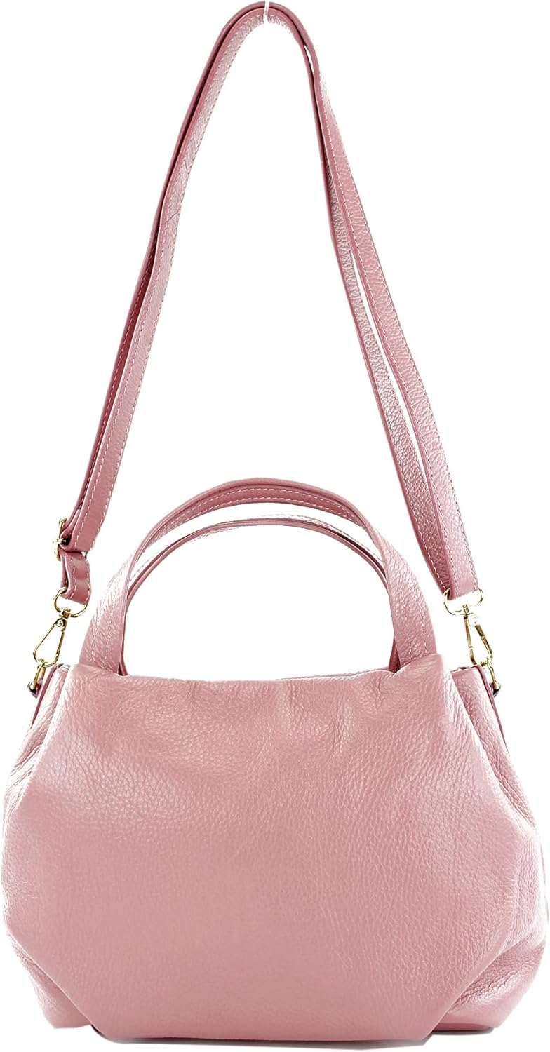 modamoda de - T218 - ital. Damen Henkeltasche Klein aus Leder Altrosa / Metall Gold, Altrosa / Metal