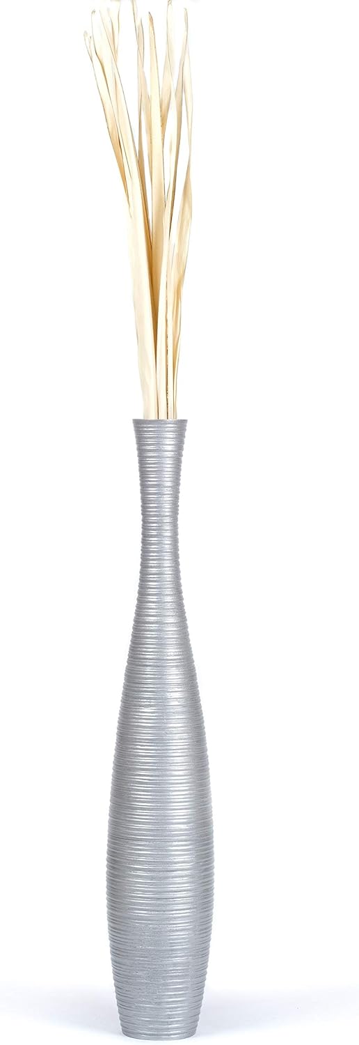 Leewadee Grosse Bodenvase für Dekozweige hohe Standvase Design Holzvase, Holz, 90 cm, Silber 90 cm S