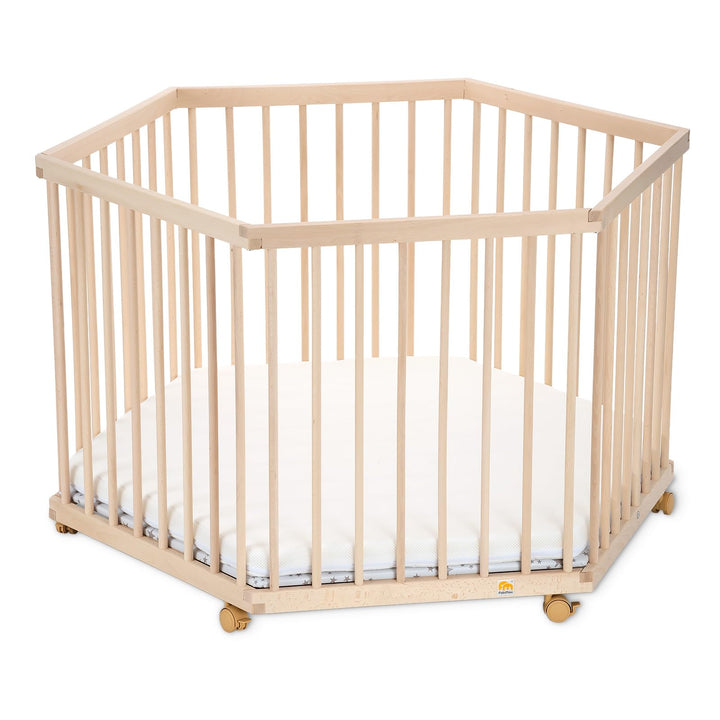 FabiMax Baby Laufgitter 6-eck, stufenlos höhenverstellbar, mit Schlupfsprossen, Laufstall aus massiv