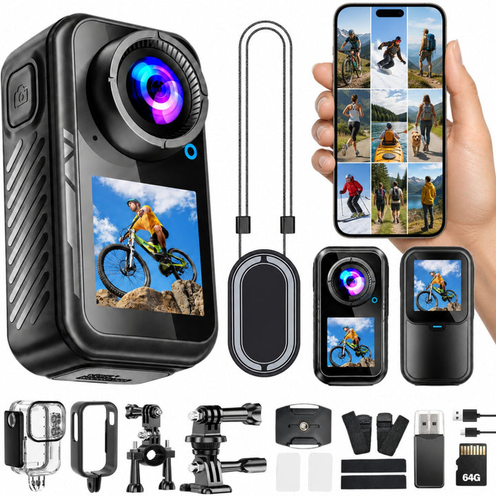5K 64MP Action Cam mit Magnetischer Halterung, 66g Helmkamera für Motorrad & Fahrrad, Dual-Display V