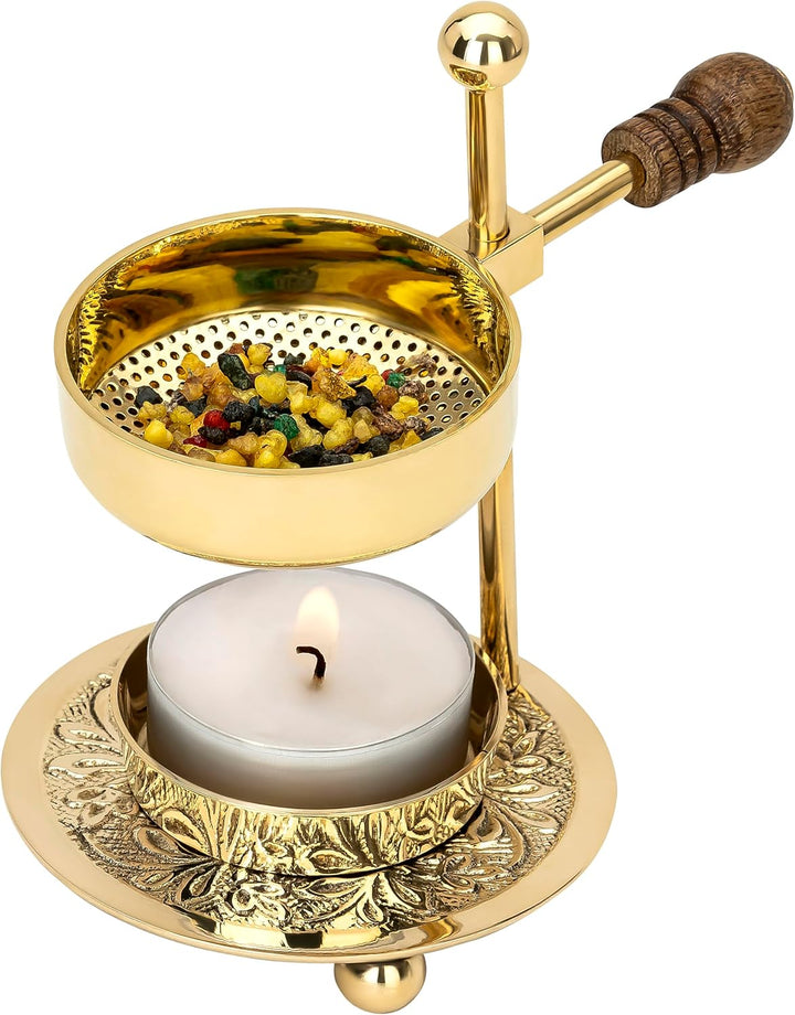 RÄUCHERSTÖVCHEN mit Holzgriff und Sieb. Aus Messing, goldfarben [Handarbeit, verstellbare Höhe 11 cm