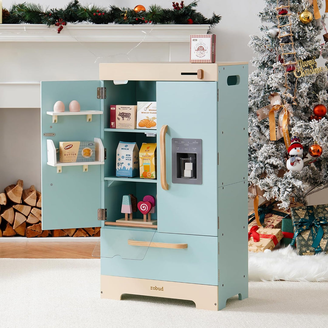 ROBUD Kühlschrank aus Holz - Realistisch und interaktiv mit Eiswürfelbereiter und Lebensmittel-Spiel