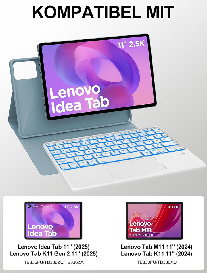 JADEMALL Für Lenovo Idea Tab 11 Hülle mit Touchpad &amp; Beleuchtung QWERTZ | Mit 7-Farben Beleuchtung &amp;