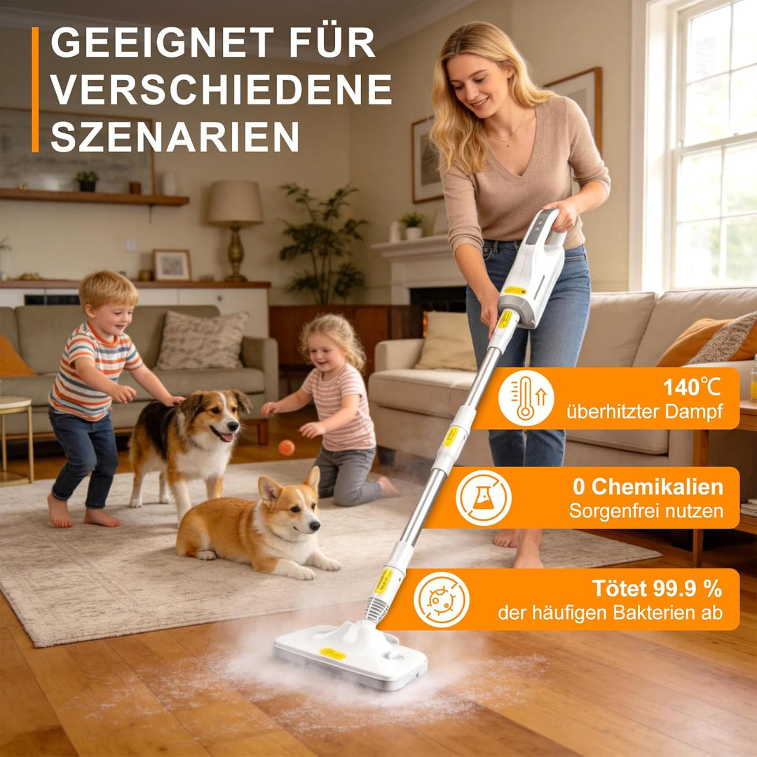 Dampfreiniger 1500W Handgerät mit Abnehmbarem, Multifunktionaler Dampfreiniger & Wischmopp, 500ml Wa