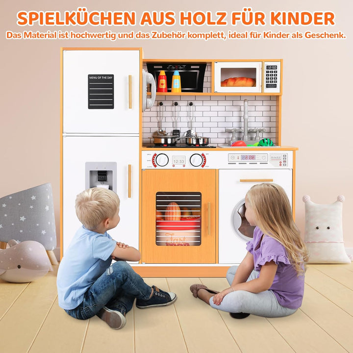 MAMIZO Kinderküchen, Spielküche Holz, Spielzeugküche mit Licht und Sound, 82x80x25 cm Puppenküche, k