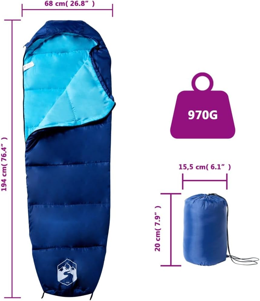 vidaXL Mumienschlafsack für Erwachsene Camping 3 Jahreszeiten Blau, Blau