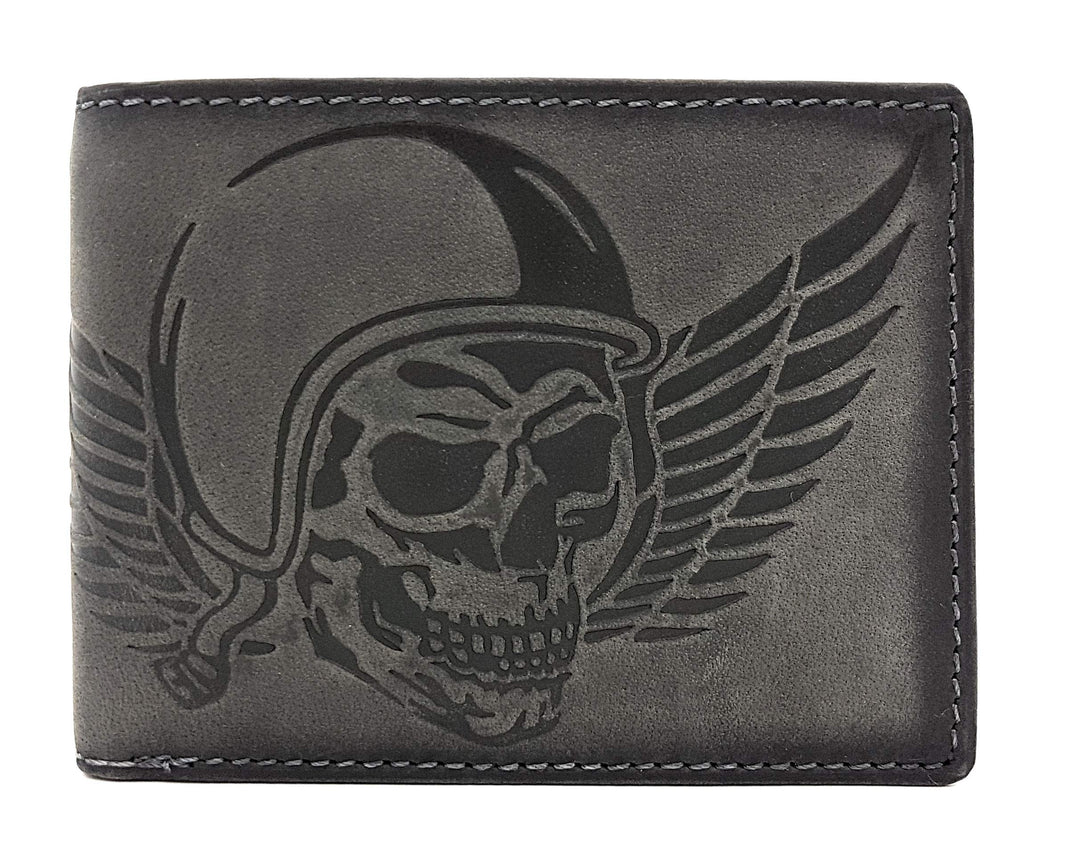 echt Leder Biker Geldbörse quer Hunterleder Portemonnaie Totenkopf Schädel Wing of Hell mit RFID Sch