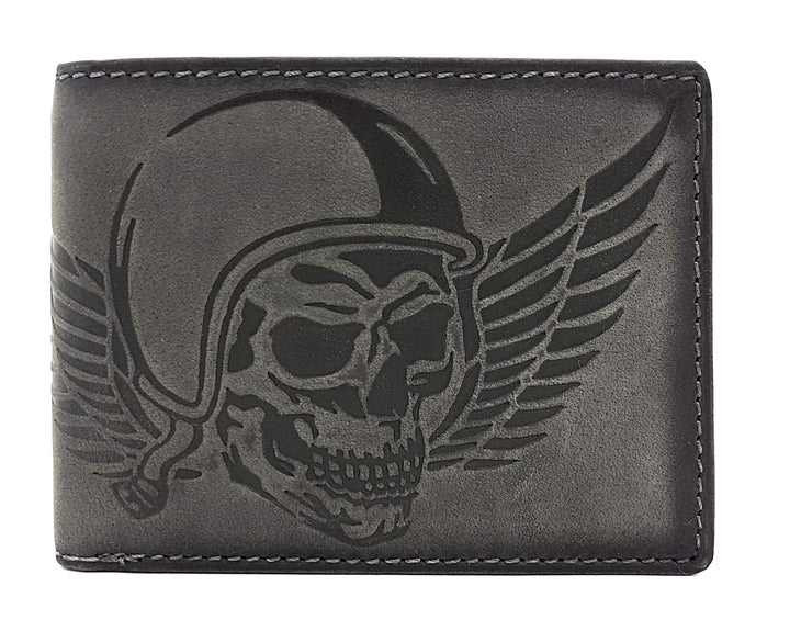echt Leder Biker Geldbörse quer Hunterleder Portemonnaie Totenkopf Schädel Wing of Hell mit RFID Sch