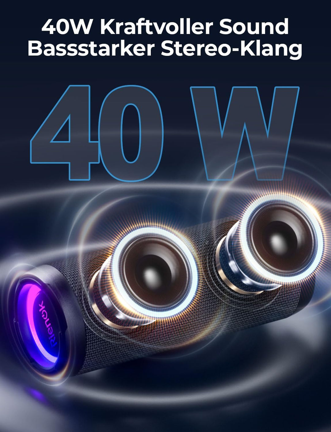 RIENOK Bluetooth Lautsprecher, Musikbox mit EQ 5.3 Bluetooth Box, IPX7 Lautsprecher RGB Licht Bass m
