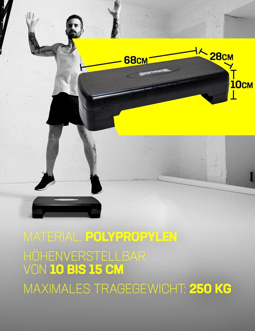 SPORTINATOR® Fitness Stepper höhenverstellbarer von 10 bis 15 cm, kompaktes Design aus Kunststoff mi