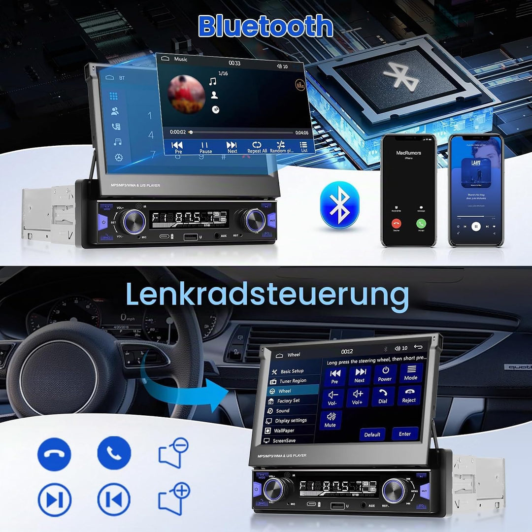 Hikity 1 Din Autoradio mit 7” IPS Manuell Einziehbarer Touchscreen Wireless Carplay Andriod Auto FM