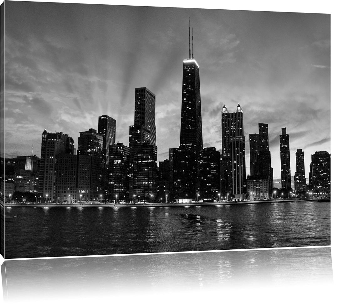 Pixxprint Chicago-Wolkenkratzer-Silhouette / 100x70cm Leinwandbild bespannt auf Holzrahmen/Wandbild