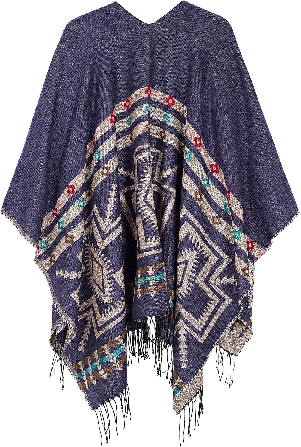 Urban GoCo Damen Poncho Stola Bohe Quaste Schal #1 Navy Blau, #1 Navy Blau