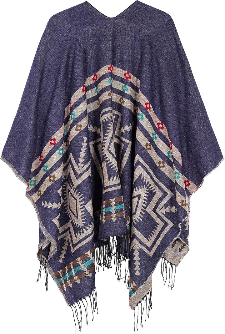 Urban GoCo Damen Poncho Stola Bohe Quaste Schal #1 Navy Blau, #1 Navy Blau
