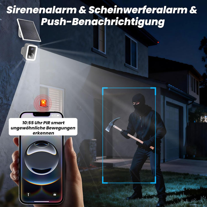 2K Überwachungskamera Aussen Akku Solar mit 5G/2.4G WLAN & kostenlosem Cloud-Speicher, Kabellose Out