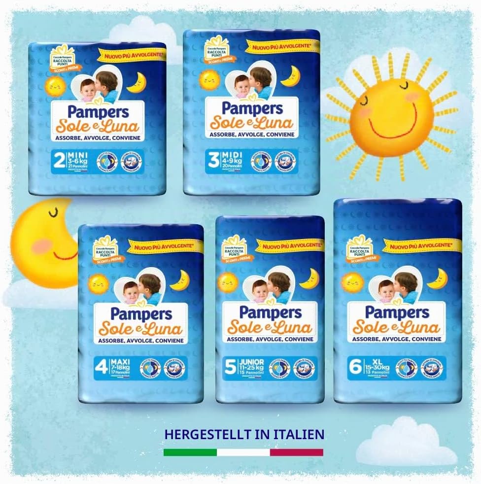 Pampers Sonne und Mond Windeln, Unisex, Junior, Grösse 5 (11-25 kg), 120 Windeln Grösse 5 (120 Stück