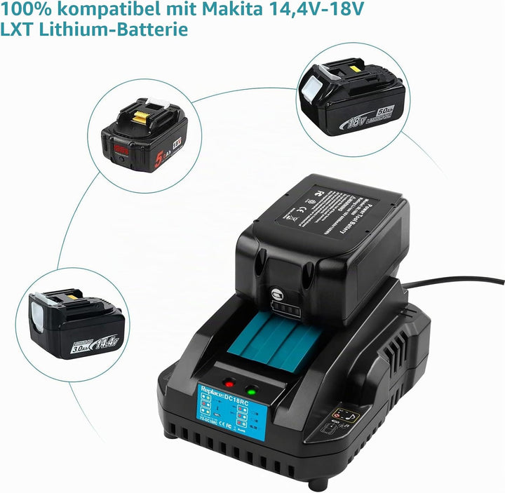 4A DC18RC Schnell Ladegerät Kompatibel mit Makita 14,4V-18V Li-Ion Ersatzakku BL1815 BL1830 BL1840 B