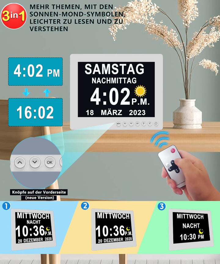 Véfaîî 8 Zoll Digitaler Wecker Wanduhr mit Fernbedienung 19 Alarme ,Seniorenuhr Kalender und Foto-Fu