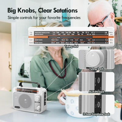 Audiocrazy UKW FM/AM/SW1-2 Radio Tragbares Radio Weltempfänger Radio mit 1800mAh Rechargeable Batter