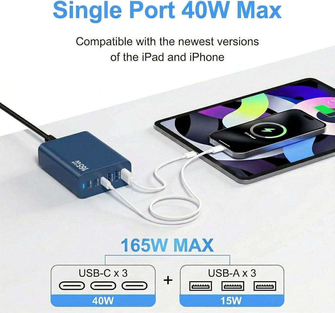 6 Ports Ladestation Schnellladegerät, 165W USB C Schnelllade Netzteil, PD Power GaN Ladegerät kompat