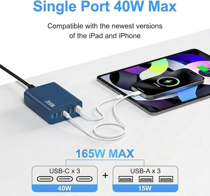 6 Ports Ladestation Schnellladegerät, 165W USB C Schnelllade Netzteil, PD Power GaN Ladegerät kompat