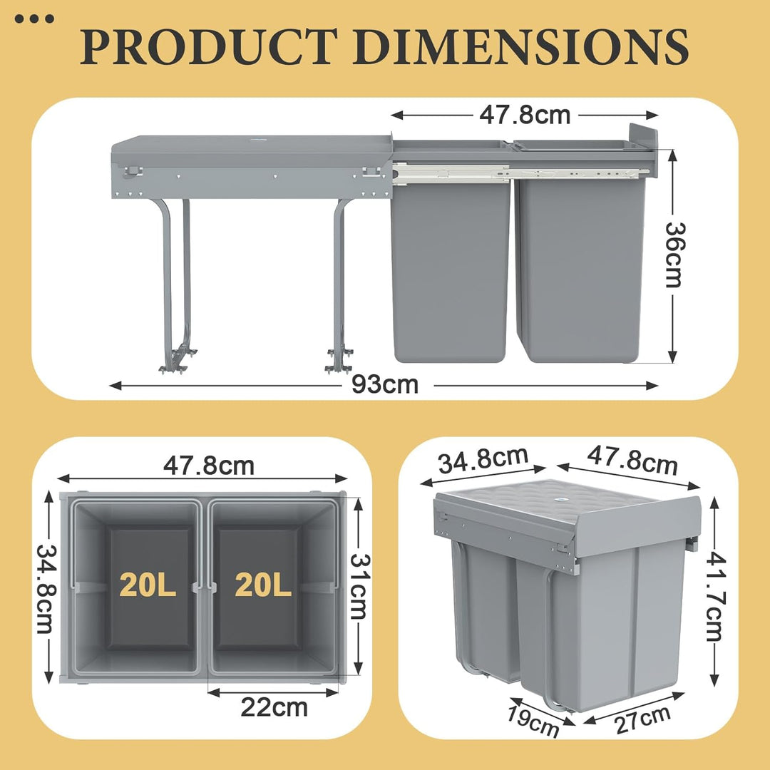 Soontrans Mülleimer Küche Unterschrank, Einbaumülleimer Küche mit 2x 20L Ausziehbarer Abfalleimer, T