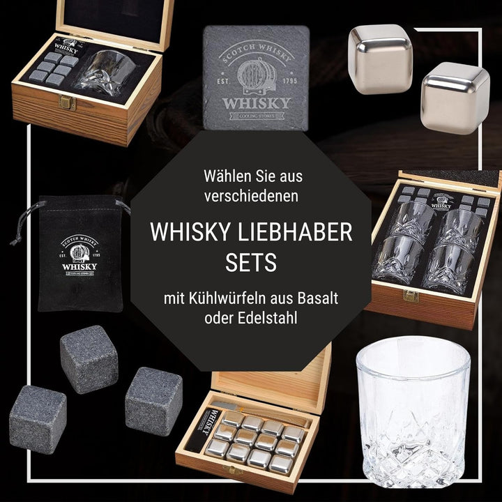 WOMA Whisky Steine Set I 4 Kühlwürfel inkl. Untersetzer, Edelstahlzange, Whiskey Glas & hochwertiger
