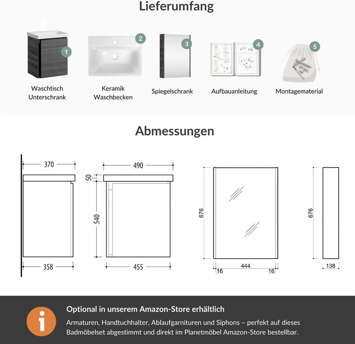 Planetmöbel Waschbeckenunterschrank mit Keramikwaschbecken & Spiegelschrank 50cm in Anthrazit, moder