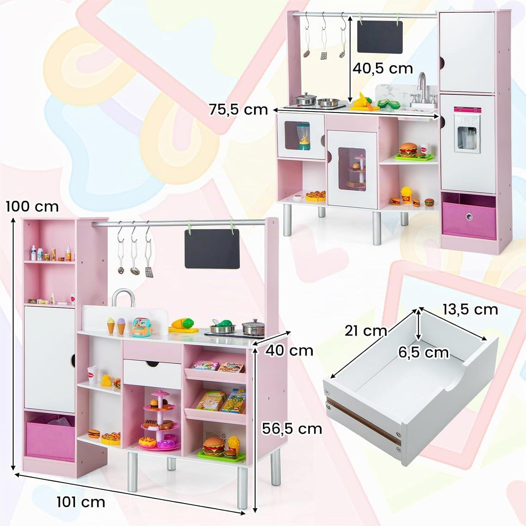 COSTWAY 2 in 1 Kinderküche &amp; Kaufladen, Spielküche mit Licht und Sound, interaktiver Eismacher &amp; Taf