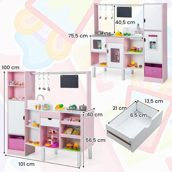 COSTWAY 2 in 1 Kinderküche &amp; Kaufladen, Spielküche mit Licht und Sound, interaktiver Eismacher &amp; Taf