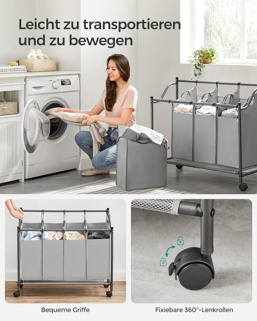 SONGMICS Wäschekorb, Wäschesammler, Wäschesortierer mit 4 abnehmbaren Stofftaschen, Rollen, Aufbewah