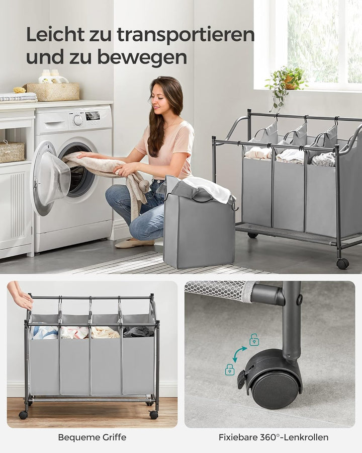 SONGMICS Wäschekorb, Wäschesammler, Wäschesortierer mit 4 abnehmbaren Stofftaschen, Rollen, Aufbewah