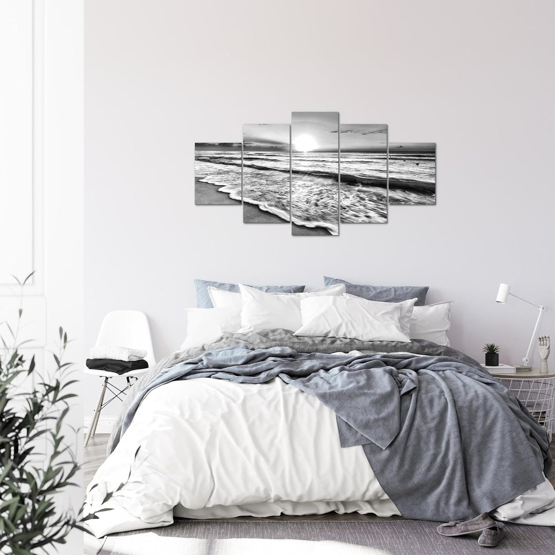 Runa Art Bild Schlafzimmer Wohnzimmer Sonnenuntergang Strand 5 Teilig Panorama Schwarz Weiss Wandbil