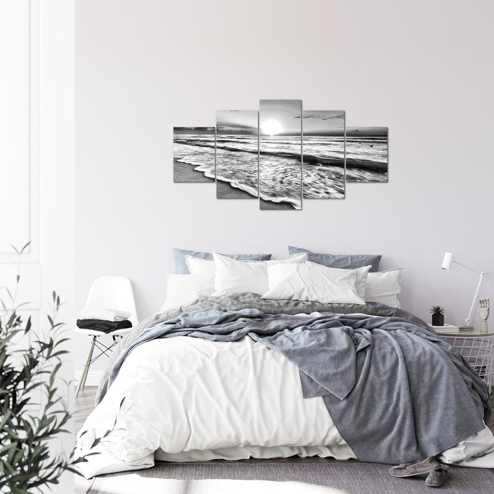 Runa Art Bild Schlafzimmer Wohnzimmer Sonnenuntergang Strand 5 Teilig Panorama Schwarz Weiss Wandbil