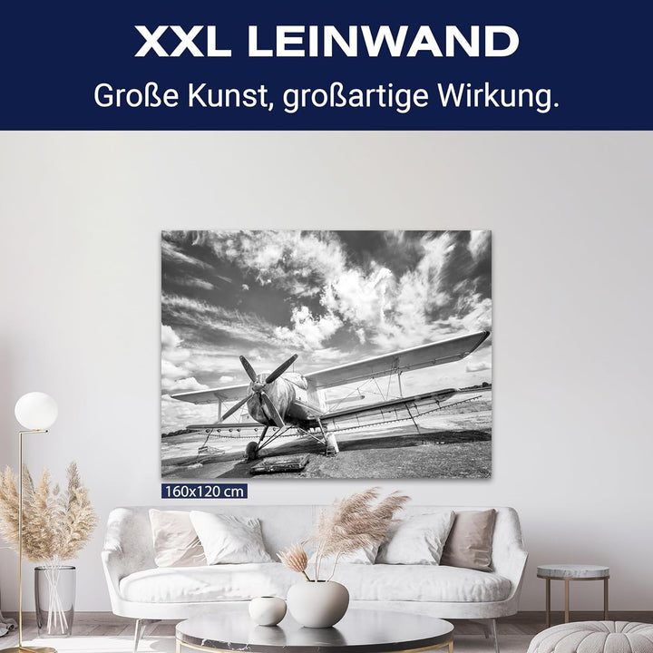 wandmotiv24 Leinwandbild Schwarz-Weiss, 80x60cm, Querformat, Flugzeug, Deko, Bilder auf Leinwand, Wa
