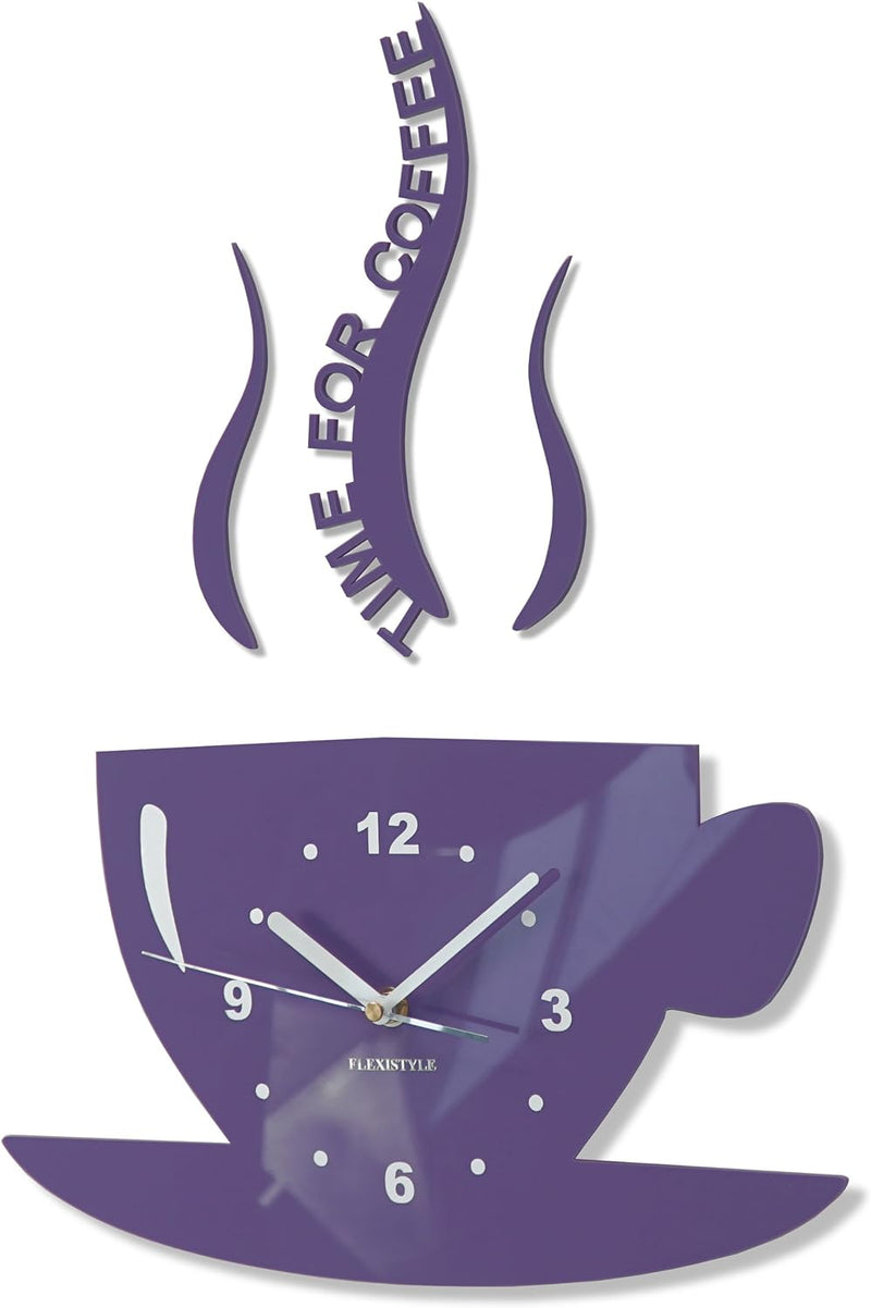 FLEXISTYLE Tasse Time for Coffee (Zeit für Kaffee) Moderne Küche Wanduhr Milka Violett 3D römisch, w
