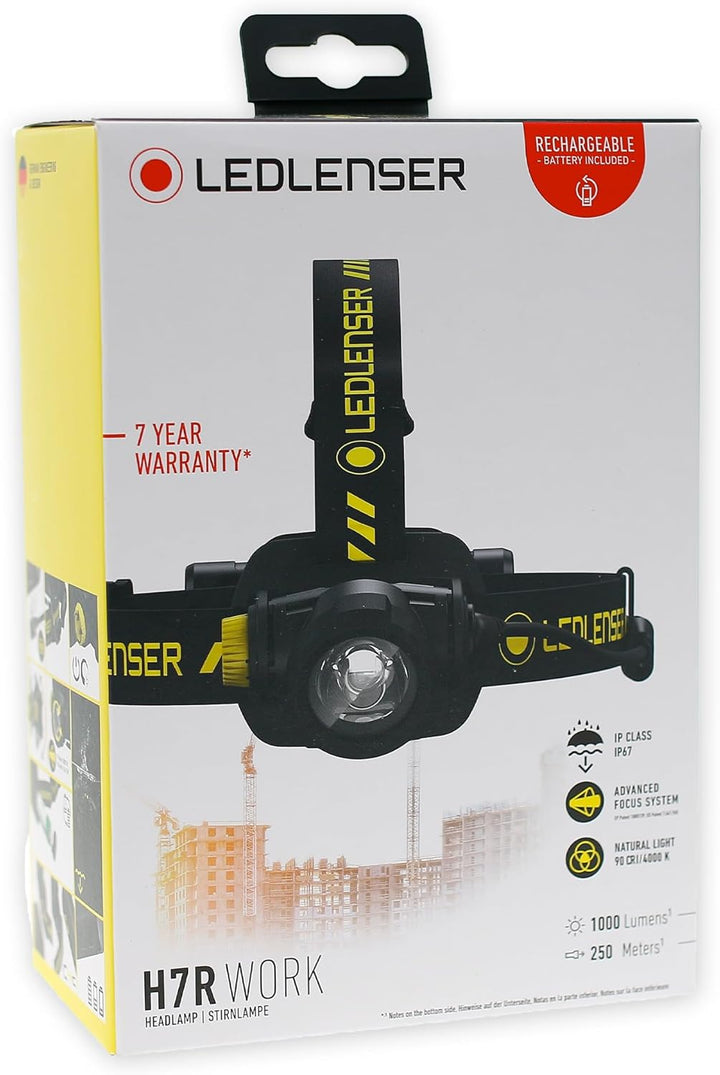 Ledlenser H7R Work Robust Stirnlampe LED, aufladbar mit Lithium Akku, wasserdicht IP67, 1000 Lumen,