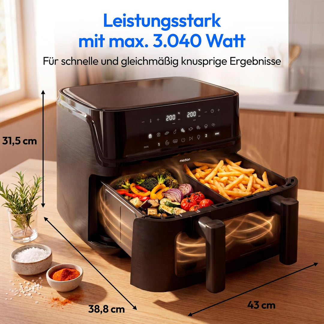 MEDION P25 XXL Flex M Airfryer Heissluftfritteuse mit 2 Kammern - schwarz | 10,8 Liter, flexible Kam