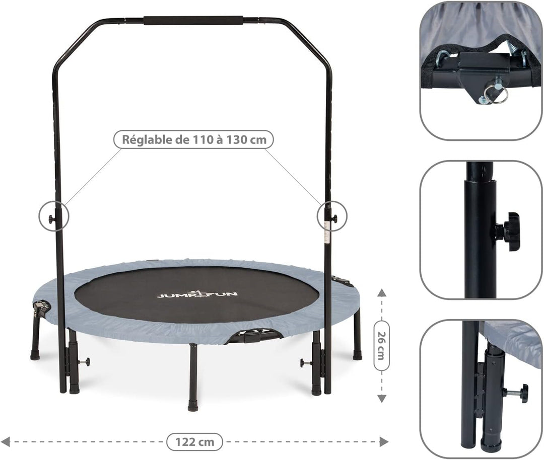JUMP4FUN Mini-Trampolin, Fitness, faltbar, Doppel-Bar – Ø 122 cm, Grau