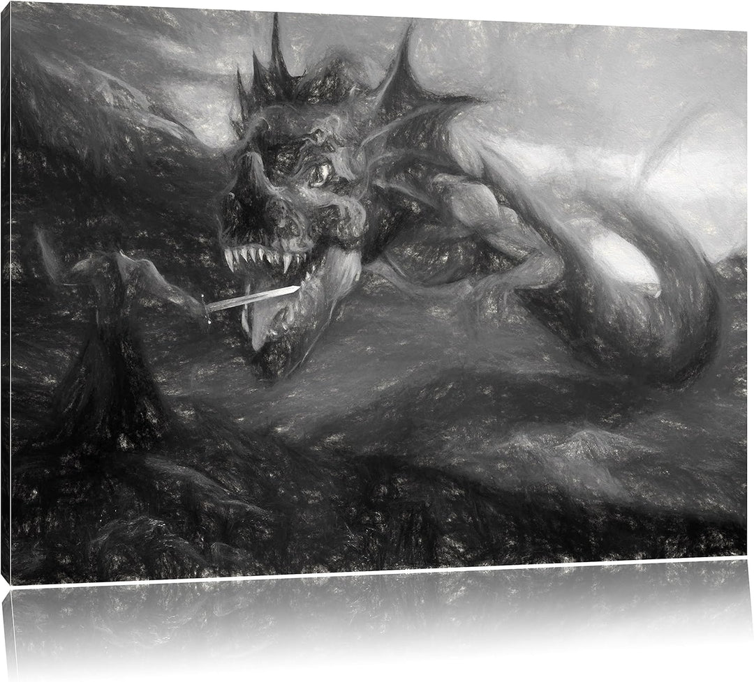 Pixxprint Drache kämpft gegen Krieger als Leinwandbild/Grösse: 100x70 cm/Wandbild/Kunstdruck/fertig