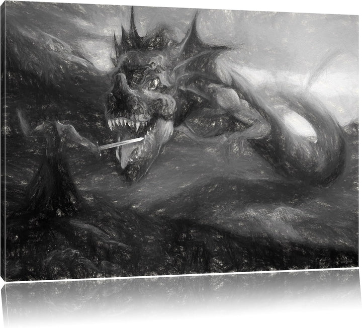 Pixxprint Drache kämpft gegen Krieger als Leinwandbild/Grösse: 100x70 cm/Wandbild/Kunstdruck/fertig